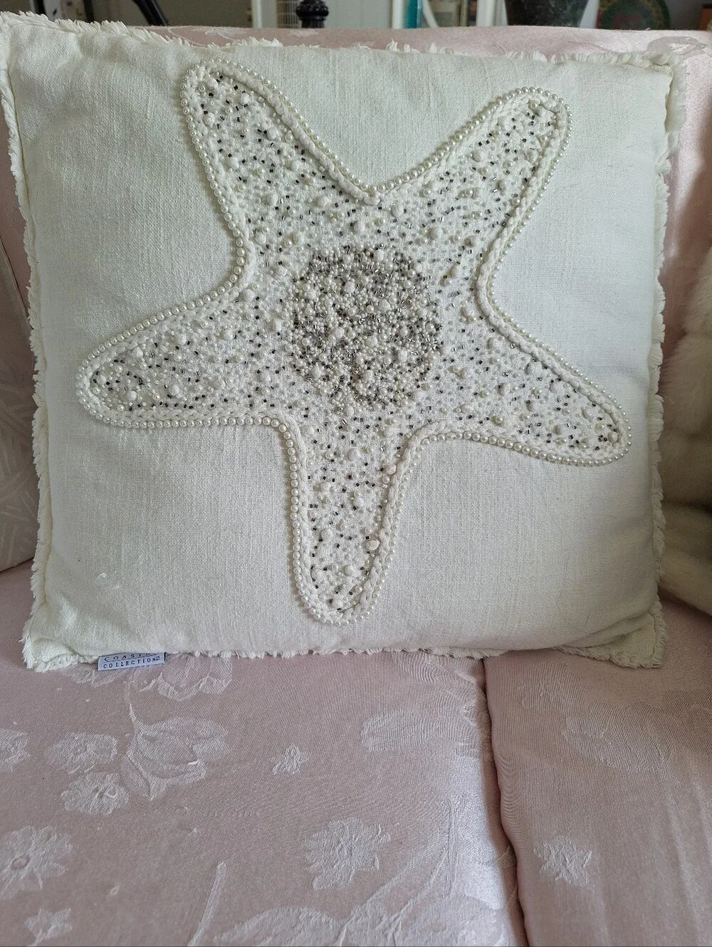 Coastal Collection Beaded Starfish Accent Pillow Beach Ocean Decor off-white 19